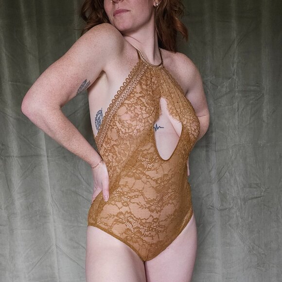 Victoria's Secret Other - Victoria's Secret Sexy Boho Sheer Brown Lace High Neck Cut Out Bodysuit